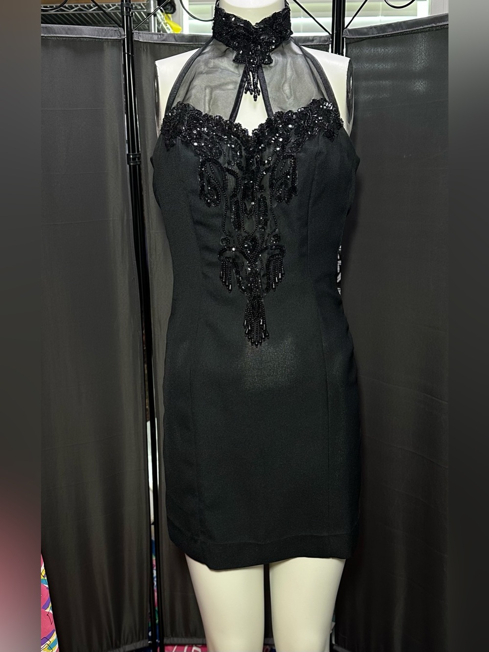 Y2K Juniors Size 3/4 Halter L.A. Glo Black Beaded Sequin Dress Vampy Goth LBD